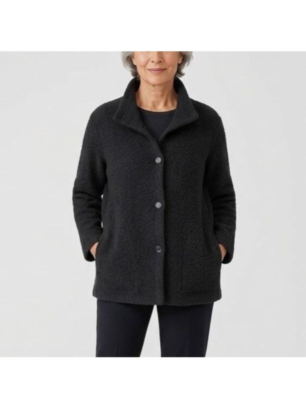 Eileen Fisher Size S Petite Charcoal Gray Wool Blend Collared Teddy Cardigan